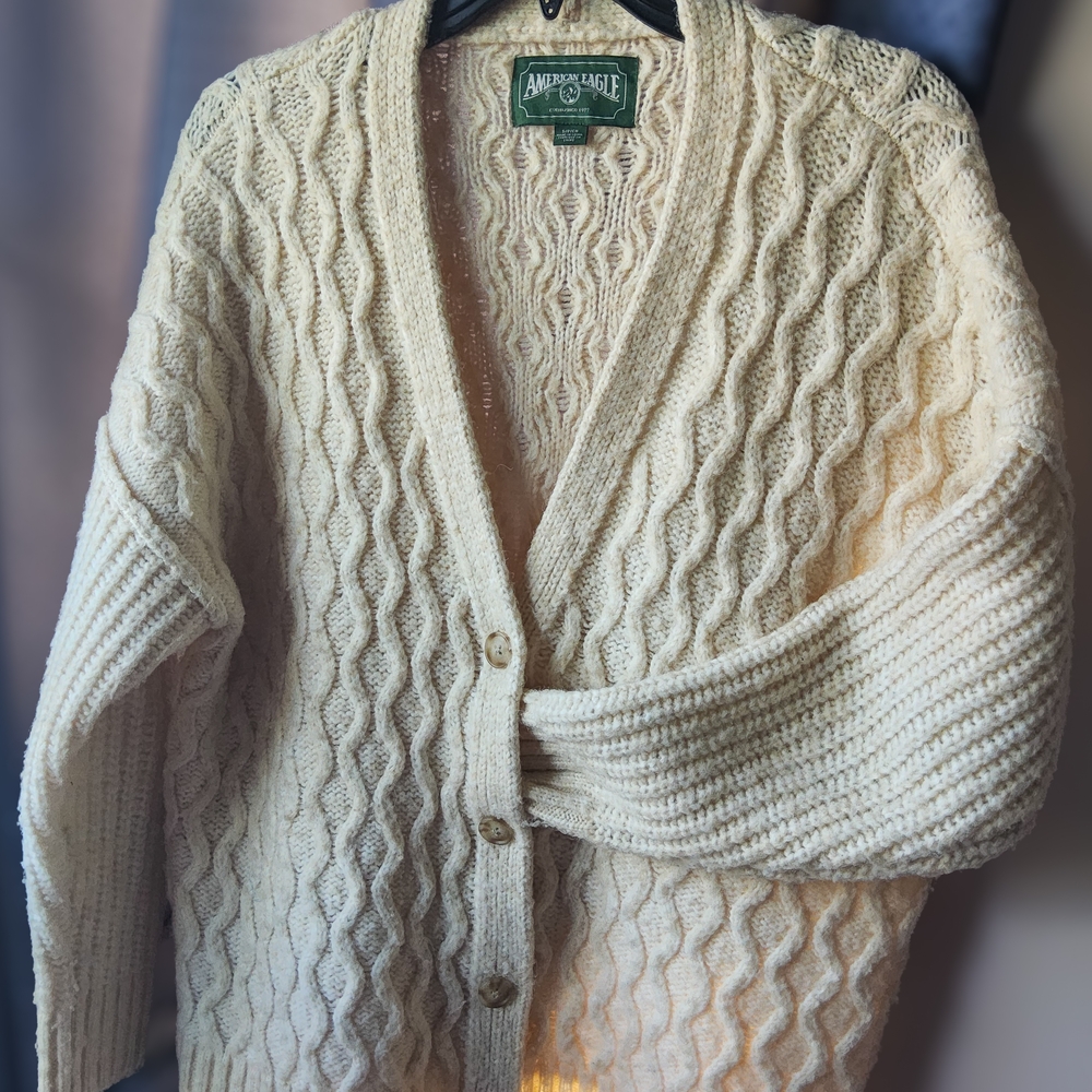American Eagle Outfitters Cream Cable-Knit Button Cardigan
